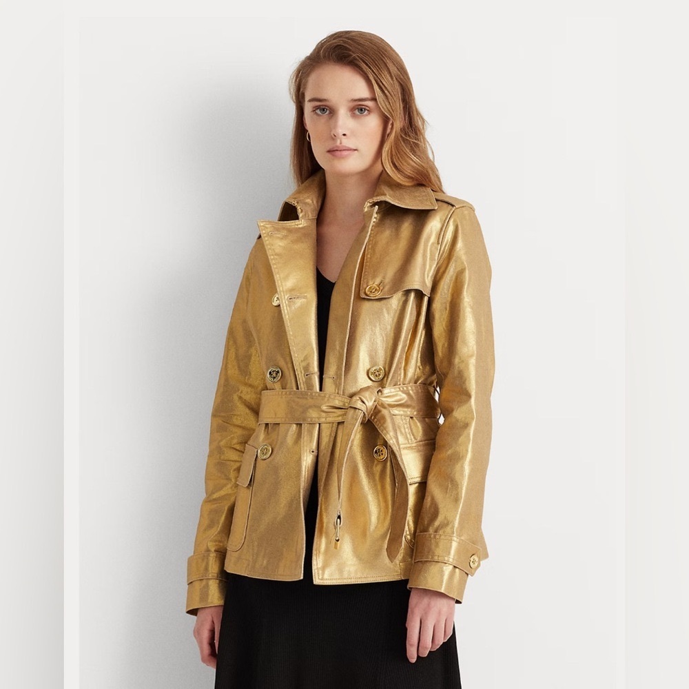 Vintage Ralph Lauren Metallic Twill Trench Coat Double-Breasted Women's Petite M
